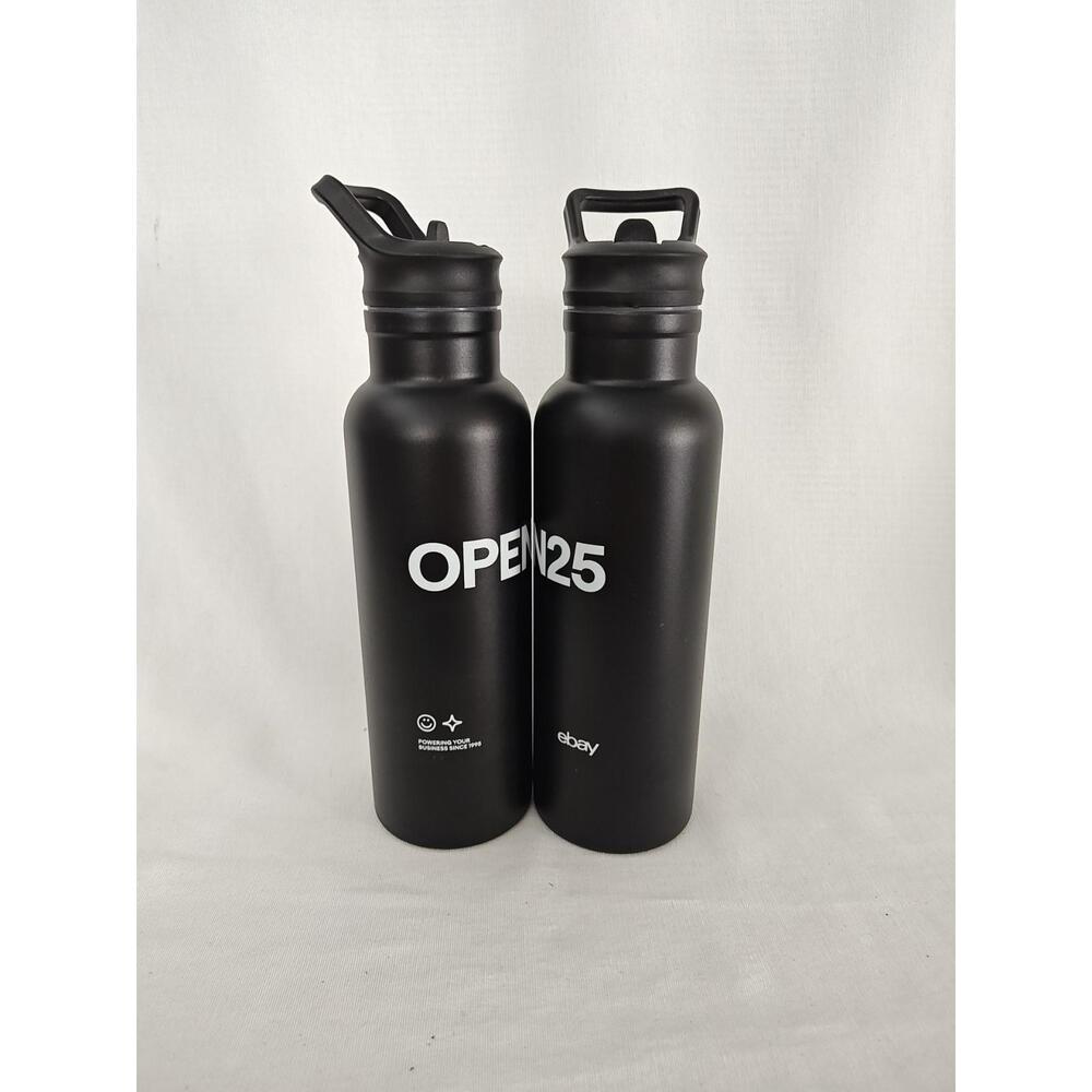Lot Of 2 EBay open 2025 Black Metal‎ Water Bottles New Unused With straw